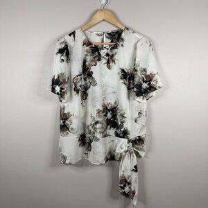 Simply Vera Vera Wang Floral Print Blouse W/ Tie Detail White & Black Size M